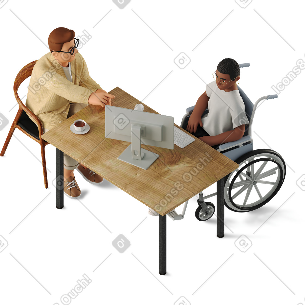 Ilustración Young man and woman discussing a project on computer en estilo 3D Business descargar en PNG y SVG