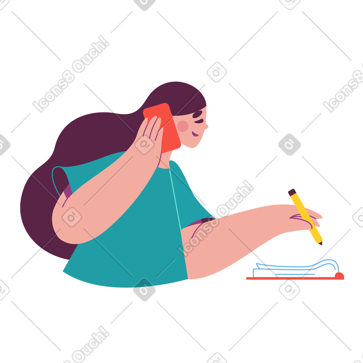 Talking on phone and taking notes, Remote collaboration or multitasking illustration in Sammy style download in PNG, SVG