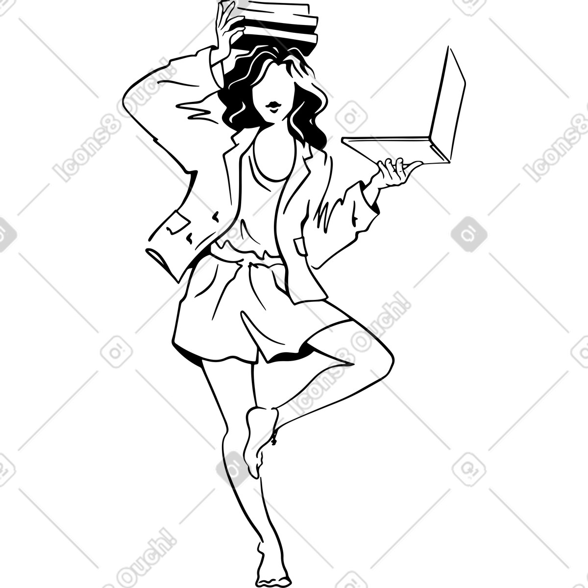 Woman with laptop and books illustration in Line style download in PNG, SVG