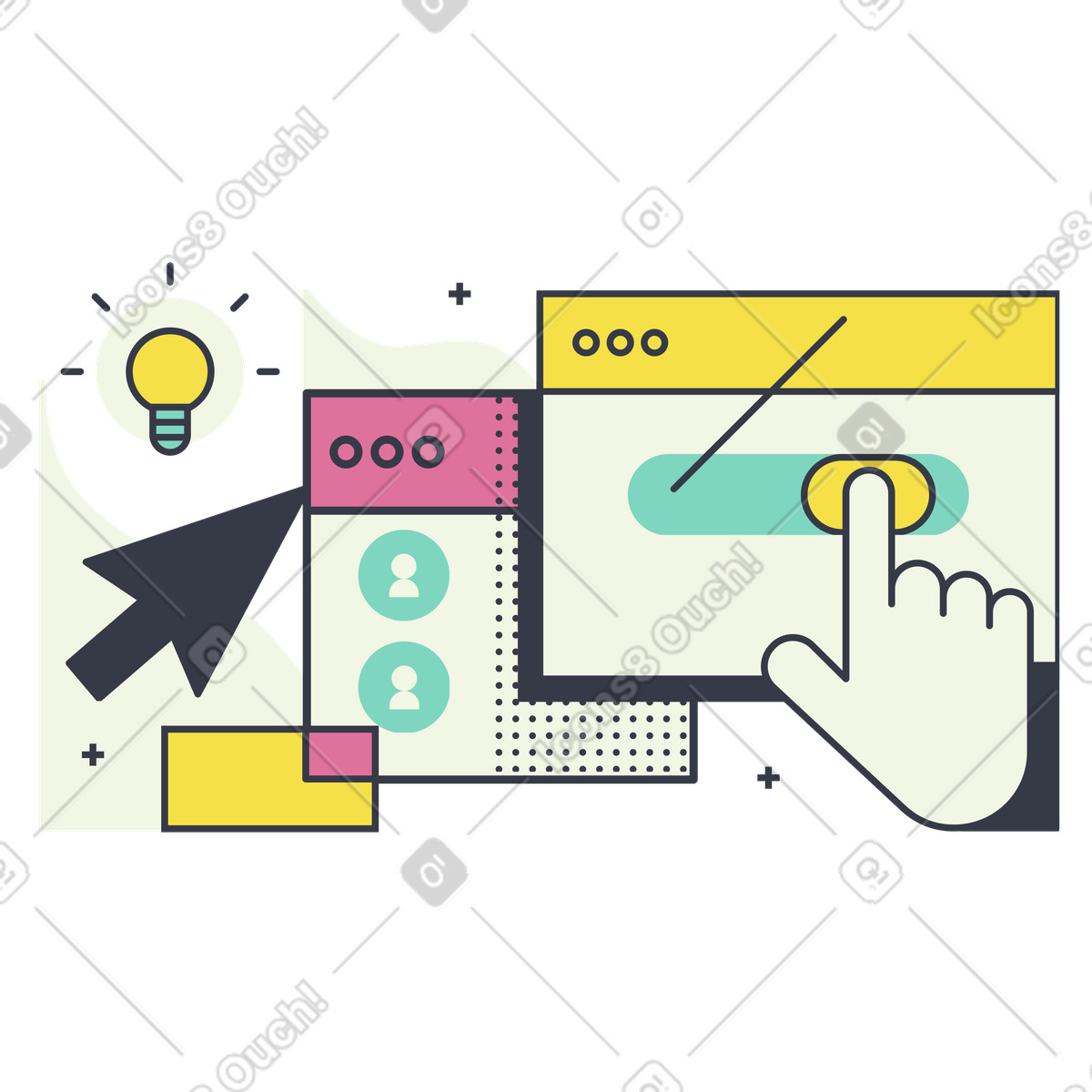 Hand clicking website button with cursor and lightbulb, User experience and navigation illustration in PNG, SVG