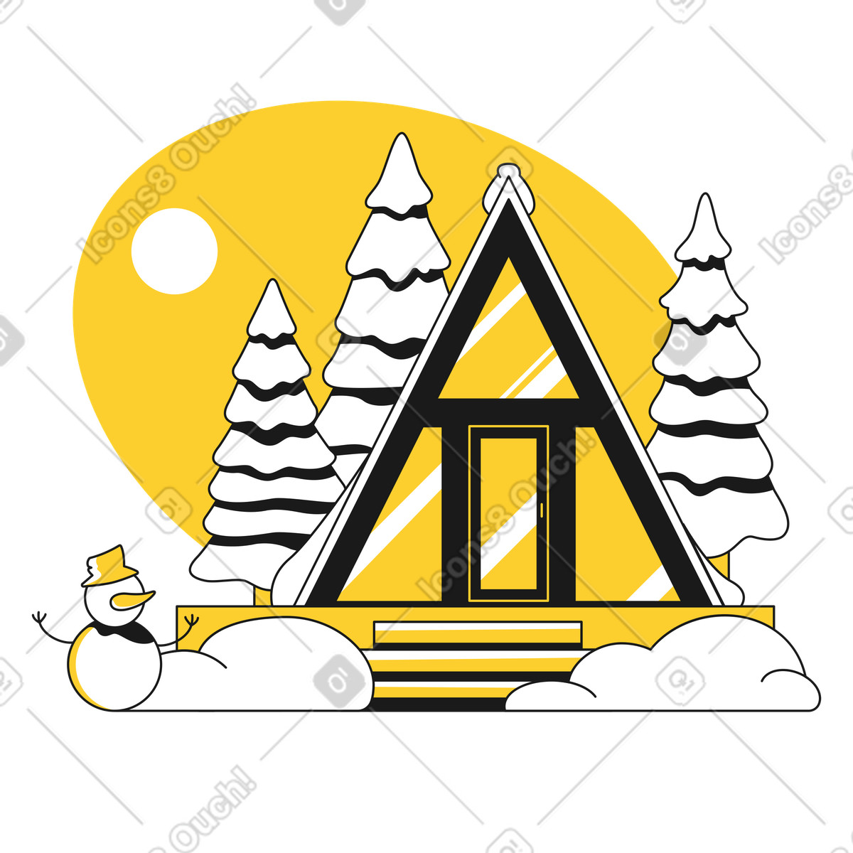 Winter background with house and snowman in the forest illustration Taxi style download PNG, SVG