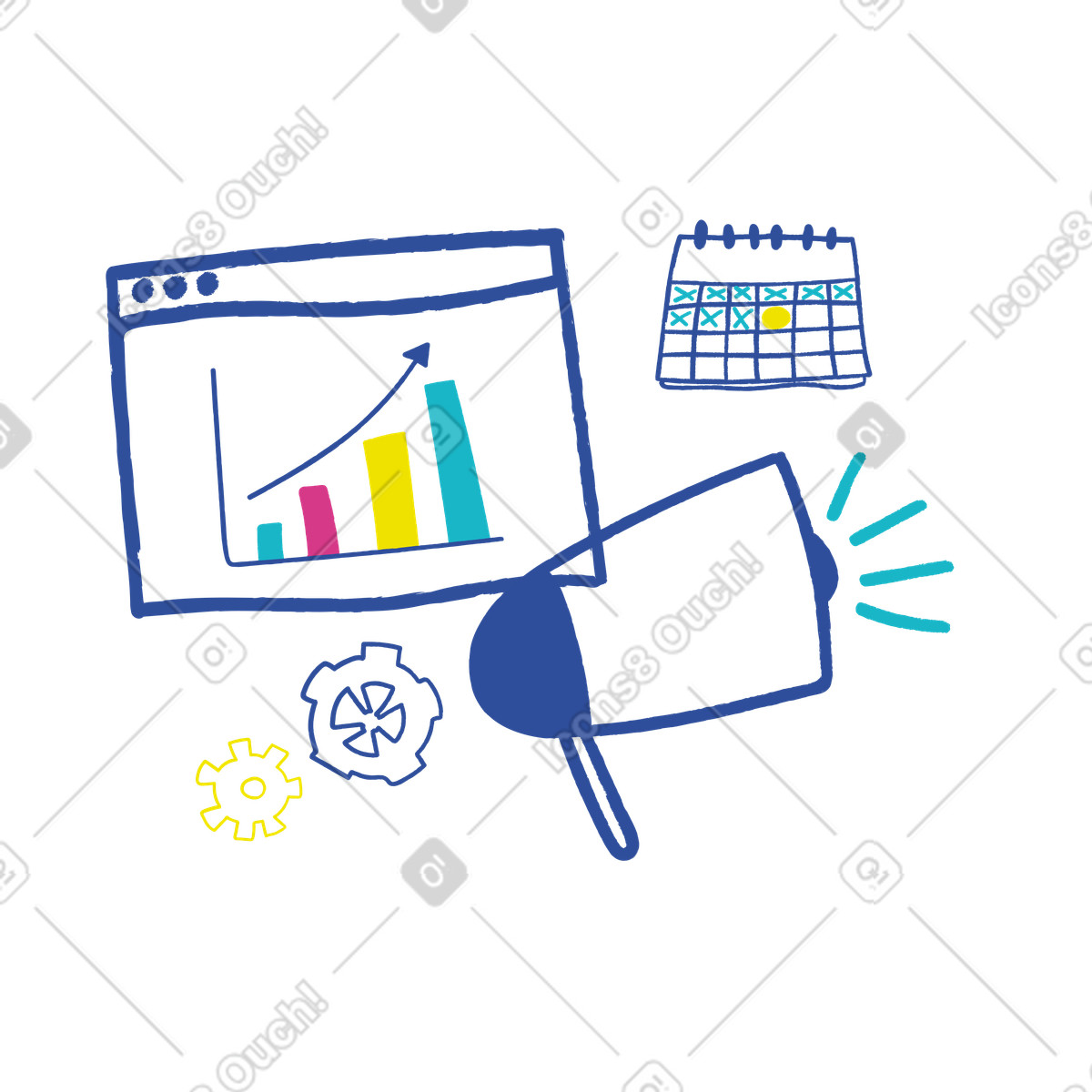 Illustration Megaphone with growth analytics, Digital marketing campaign planning dans le style Lime à télécharger aux formats PNG, SVG