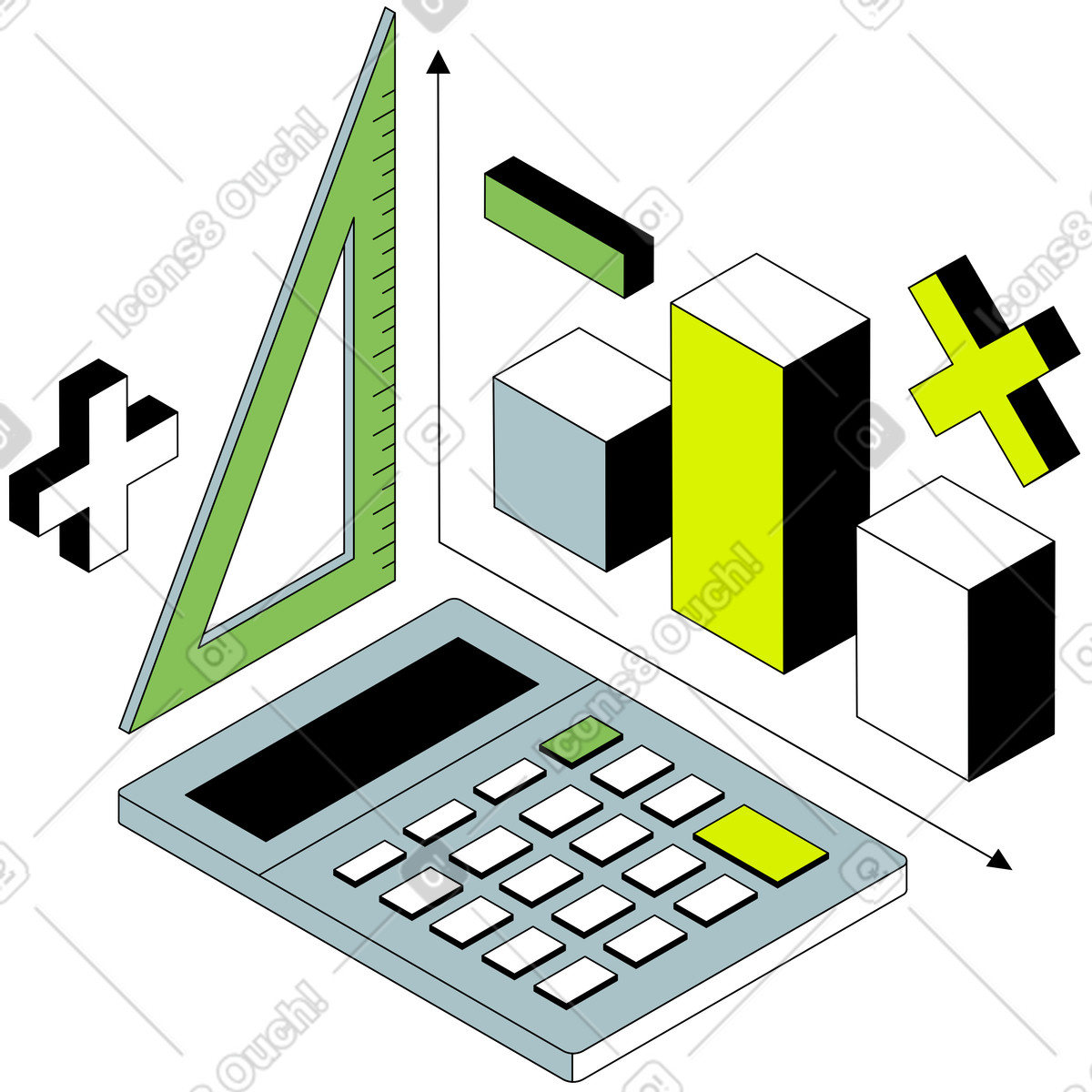 Ilustração de Calculadora e gráficos com sinais matemáticos em no estilo Isometric para baixar em PNG, SVG