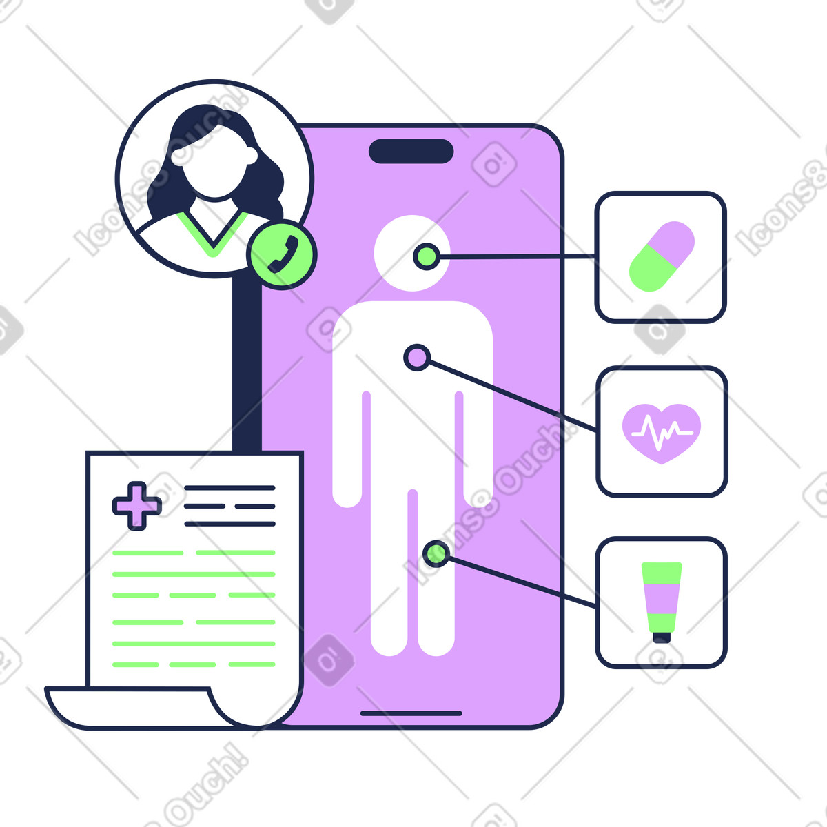 Illustration animée Remote medical appointment, Online healthcare service solution dans le style Outline à télécharger aux formats GIF, Lottie (JSON), AE