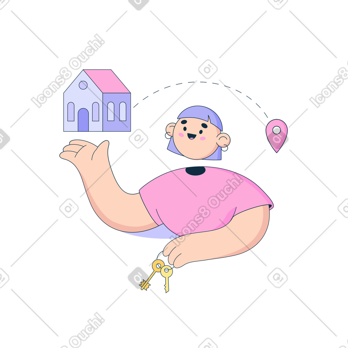 Realtor holds the keys and shows house illustration in Bubble gum style download in PNG, SVG