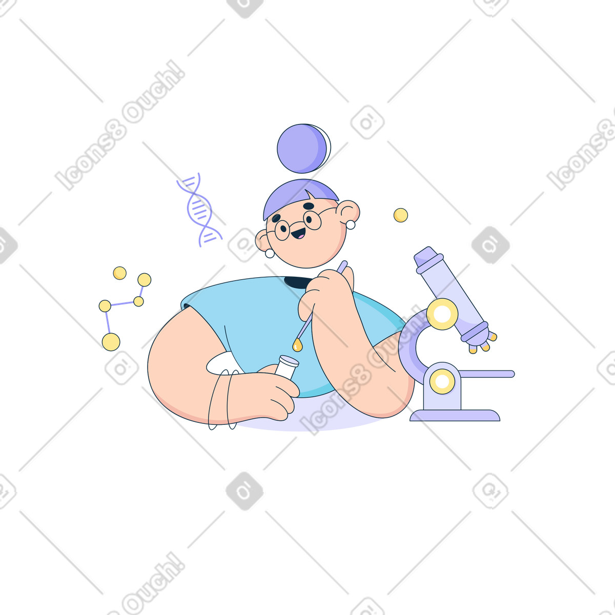 Illustration Scientifique avec un tube à essai et microscope faisant une expérience d'adn dans le style Bubble gum télécharger aux formats PNG, SVG