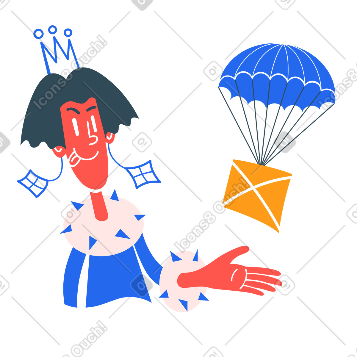 Royal character catching parachute with envelope, New message and mail delivery-Illustration im Kingdom-Stil als Download in PNG, SVG