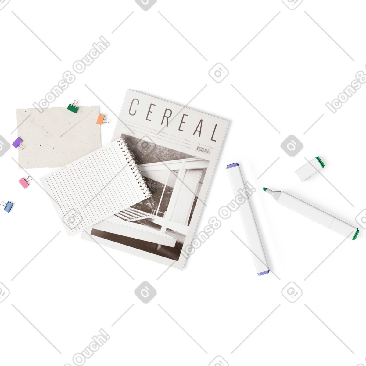 Top view of magazine, notebook, envelope and markers illustration in 3D Hygge style download in PNG, SVG