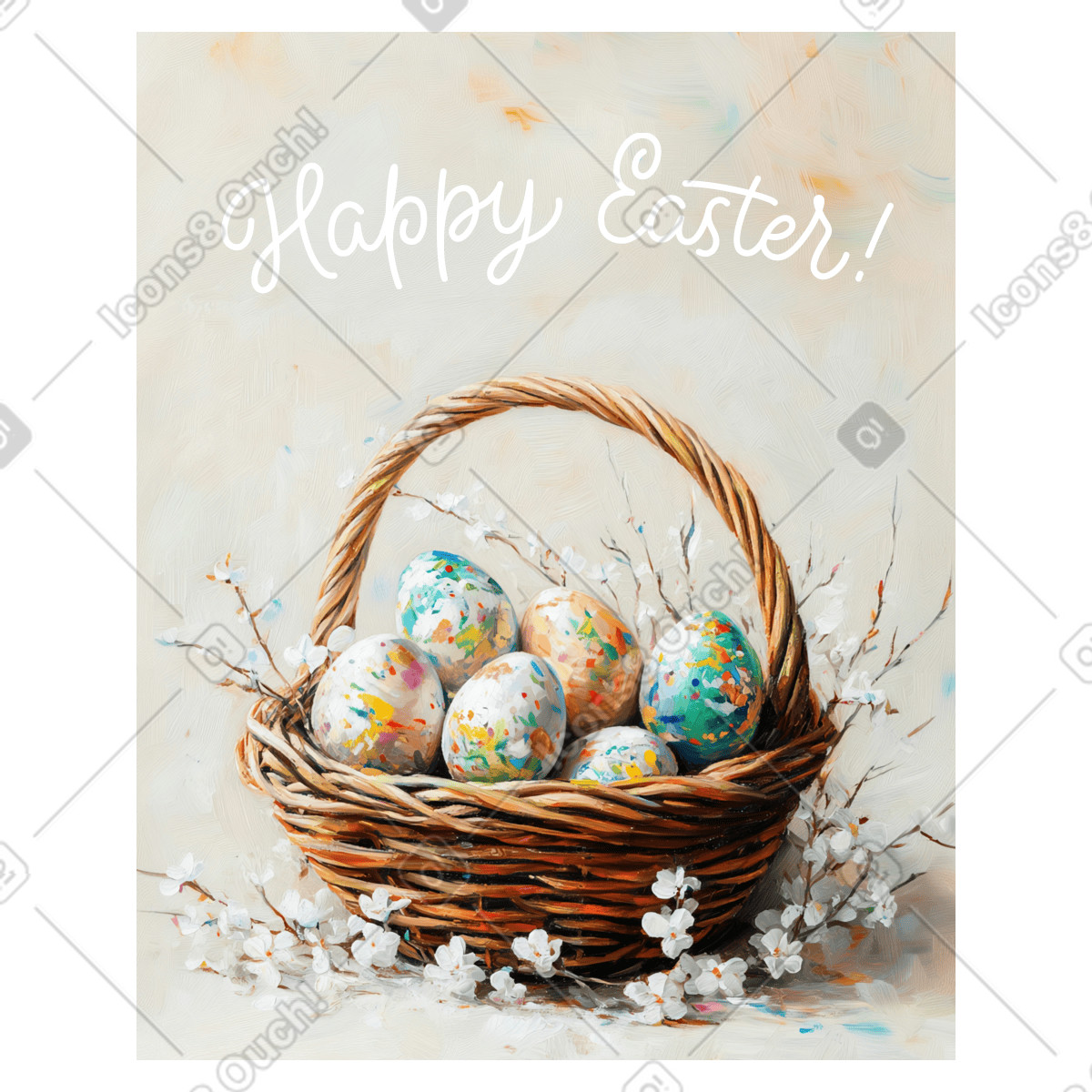 Cartolina di buona pasqua con uova dipinte nel cestino illustrazione in stile Postcards scarica in PNG, SVG