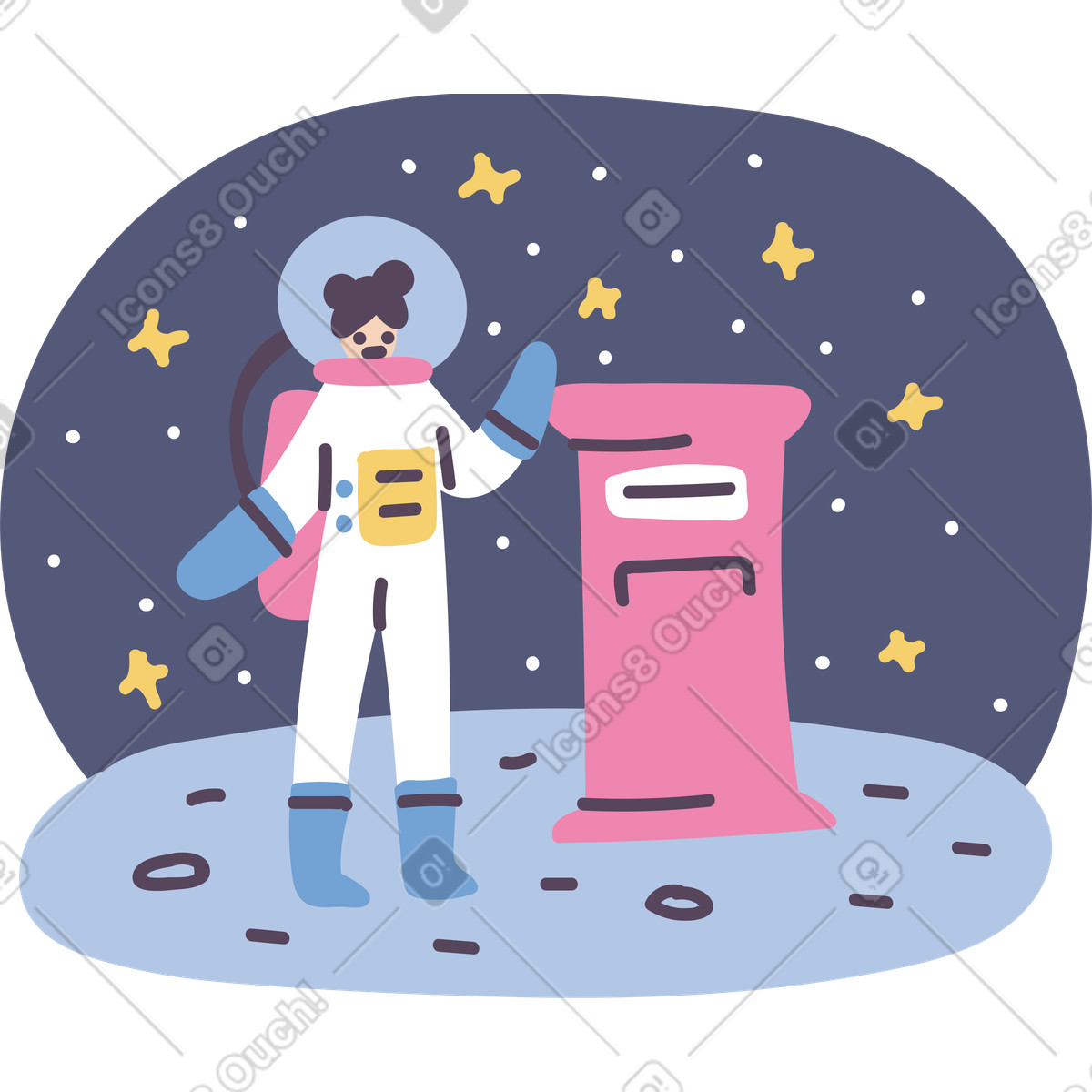 Astronaut by moon postbox under stars, Outer space correspondence and interplanetary messaging illustration in Pluto style download in PNG, SVG