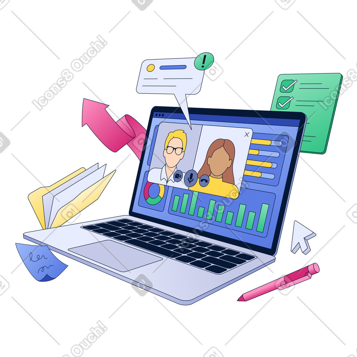 Ilustração de Trabalho remoto e videochamada com colegas em no estilo Neat para baixar em PNG, SVG