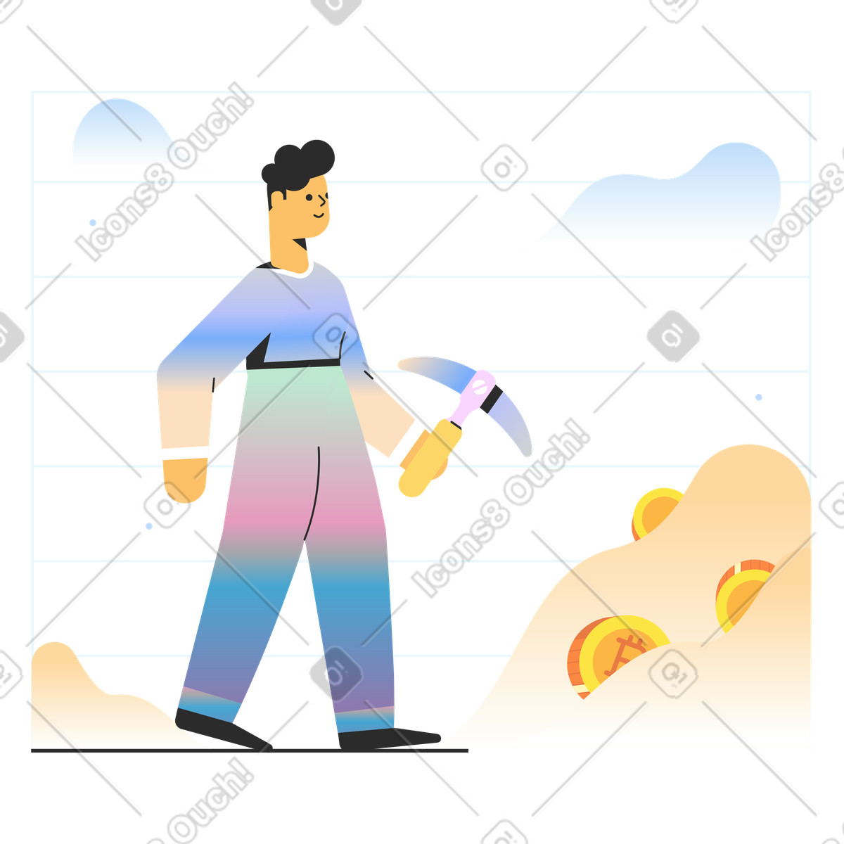 Uomo con piccone che estrae bitcoin illustrazione in stile Marginalia scarica in PNG, SVG
