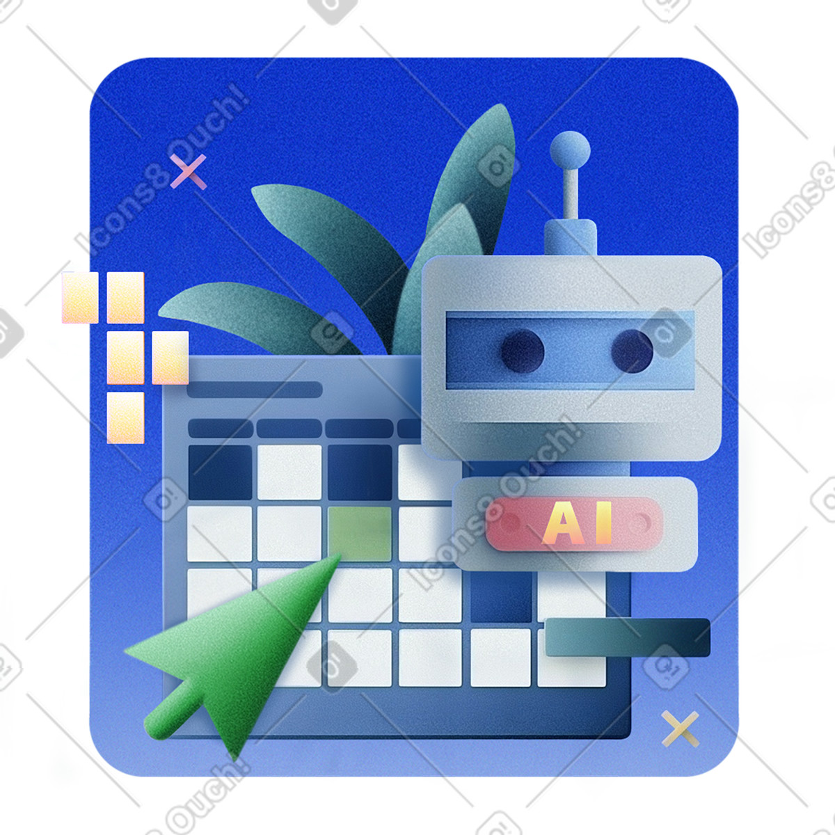 Ilustración Calendario digital y bot de ia, gestión del tiempo coordinación reuniones, herramientas productividad planificación inteligente en estilo Grainy a descargar en PNG SVG
