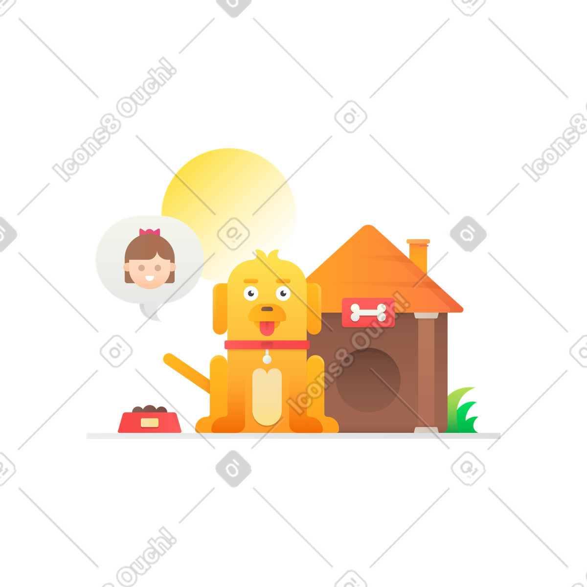 Dog waiting and thinking of owner by doghouse, Come back later or see you soon illustration in Hugo style download in PNG, SVG