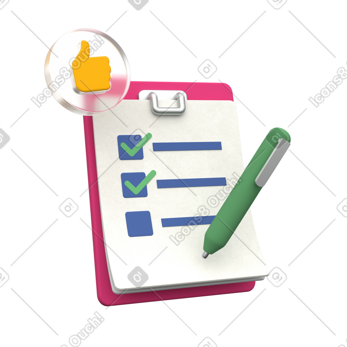 Illustration Checklist task completion with pen and thumbs up approval symbol dans le style 3D Grid à télécharger aux formats PNG, SVG