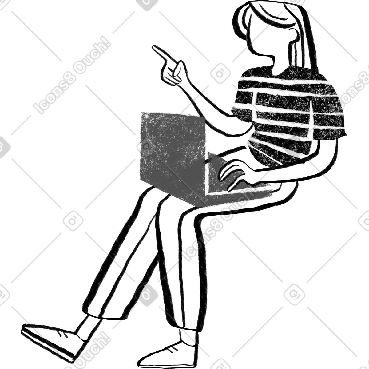 Black and white woman sitting with laptop illustration in Company style download in PNG, SVG