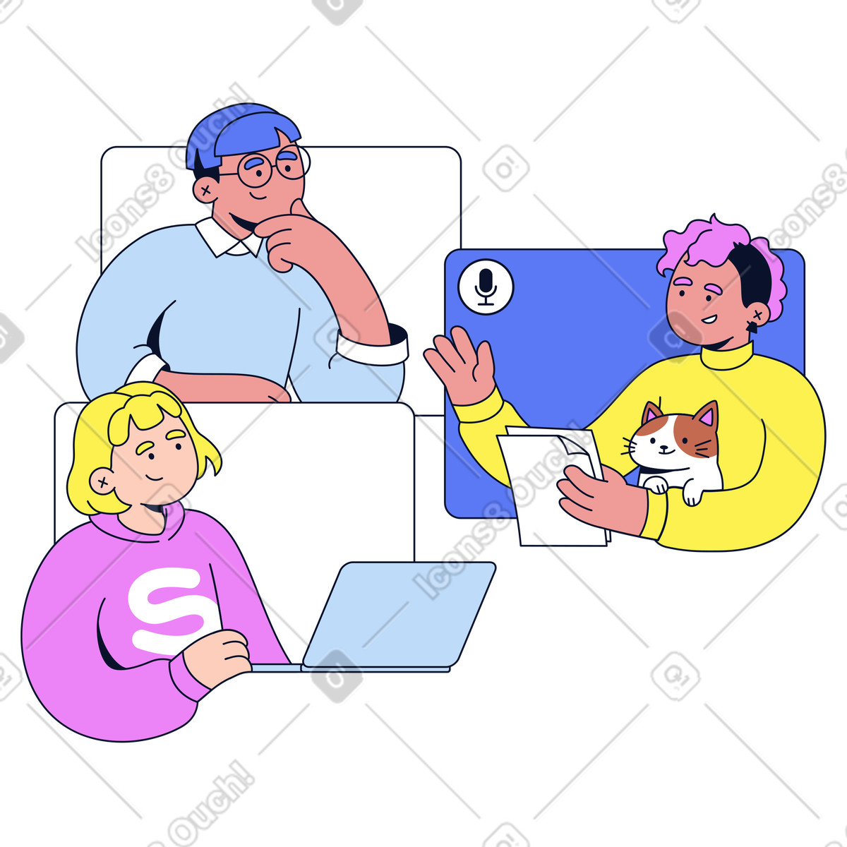 Colleagues sharing ideas in online meeting, Remote collaboration and group discussion illustration Flexy style download PNG, SVG