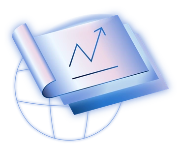 A rolled blueprint with a graph and globe - Dimension style illustration