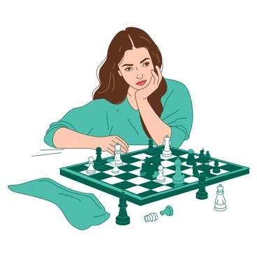 A teal chessboard is set up with various pieces in play, while "Priscilla," a woman with long brown hair, sits at one side, deep in thought. Her brow is furrowed as she studies the board intently, one hand resting on her chin and the other hovering above a knight piece. The surrounding atmosphere is calm, with a white tablecloth beneath the chessboard and a few scattered pieces on the table, hinting at a previous game. A gentle light illuminates her focused expression as she contemplates her next strategic move.