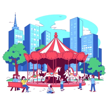 A red carousel with ornate horses is located in the center of a lively city park. The carousel is adorned with bright lights and colorful decorations. Surrounding the park, tall blue skyscrapers rise into the sky, reflecting sunlight. People of various ages enjoy the park, some sitting on benches and others walking along the pathways. A few trees with green leaves provide shade near the carousel, while children laugh and point at the spinning horses.