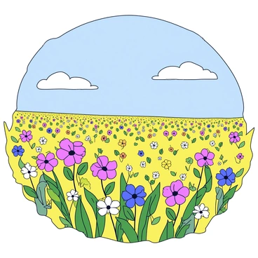 A vast field filled with colorful blooming wildflowers in various shades of yellow, pink, and blue. The flowers sway gently in a light breeze, creating a lively and vibrant scene. Above, the sky is bright blue with a few fluffy white clouds scattered throughout. The field stretches endlessly, showcasing the beauty of nature in full bloom.