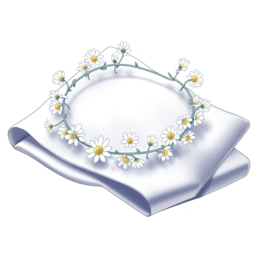 A delicate flower crown made entirely of "chamomile blossoms" is elegantly placed on a "white cloth." The crown is circular, showcasing the small, white petals with yellow centers of the chamomile flowers intertwined with thin green stems. The white cloth beneath is smooth and draped gracefully, providing a soft backdrop that accentuates the intricate details of the flower crown. The arrangement creates a harmonious balance between the natural beauty of the chamomile and the simplicity of the cloth.