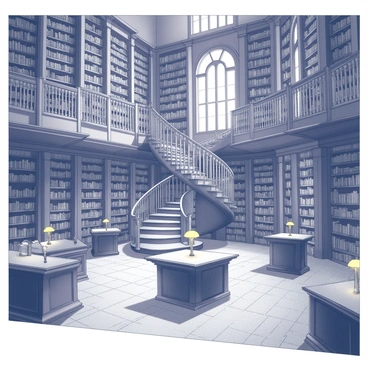 A grand ancient library filled with towering bookshelves that stretch up to a high, ornate ceiling. The shelves are packed with countless books, some stacked horizontally and others standing vertically. In the center of the library, a magnificent spiral staircase winds elegantly upwards, made of polished wood with intricately carved railings. The floor is made of large stone tiles, and there are large, arched windows that let in natural light. Several reading tables are scattered throughout the space, each with old-fashioned lamps illuminating the area.