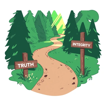 A winding path made of brown earth and small stones stretches through a dense forest filled with tall green trees. Alongside the path, there are two wooden signposts. The first signpost is marked with the word "Truth" in bold white letters, and the second signpost is labeled "Integrity" in clear white letters as well. Sunlight filters through the leaves, casting dappled shadows on the ground, and a variety of small plants and flowers can be seen along the edges of the path. The atmosphere is tranquil and inviting.
