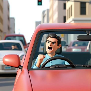 A driver, a middle-aged man with short black hair and wearing a blue shirt, is sitting in the driver's seat of a red sedan. He has an angry expression on his face, with his mouth open as if yelling. His eyebrows are furrowed, and he is shaking his right fist out of the window. The scene is set in a busy city street, with other cars surrounding him and a traffic light in the background. The sunlight reflects off the car's surface, highlighting the tension in the moment.