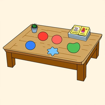 A table with various therapy tools like stress balls and mood cards