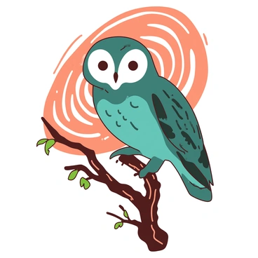 A teal owl with intricate feather patterns is perched on a twisted brown branch. The owl's large, round eyes are wide open, observing its surroundings. In the background, there is a swirling pattern of orange and white that creates a dynamic environment around the owl. The branch is textured with rough bark, and small green leaves can be seen budding out from it, adding to the natural scene. The overall composition highlights the owl's presence against the vibrant backdrop.