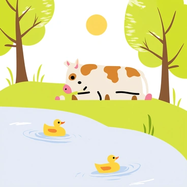 A two-headed calf lying on the soft, green grass beside a gently flowing river. The calf has brown and white patches on its fur, with each head looking in different directions. Nearby, ducks are swimming in the clear water of the river, creating small ripples. The sun casts a warm glow, illuminating the scene and highlighting the vibrant colors of the landscape. Trees with lush green leaves frame the riverbank, adding to the peaceful ambiance.