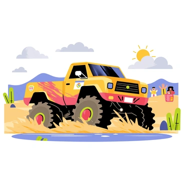 A large, rugged truck with oversized tires is splashing through a muddy terrain during an off-road race. The truck's body is painted in vibrant colors with racing decals, and mud is flying up from the tires as it navigates through the puddles. Surrounding the truck is a backdrop of rolling hills and sparse vegetation, emphasizing the rough outdoor environment. A few distant spectators can be seen cheering, with excitement on their faces as they watch the race unfold. The sky above is a mix of gray clouds, hinting at recent rain, while a few rays of sunlight break through, illuminating the scene.