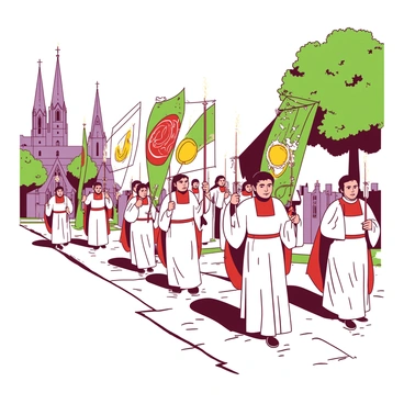 A group of parishioners dressed in white robes is participating in a religious procession. Each person holds a lit candle in one hand, casting a warm glow around them. Some of the parishioners are carrying large colorful banners that feature intricate symbols and designs. The banners are flowing gently in the breeze, adding movement to the scene. The procession is moving along a cobblestone path, surrounded by trees with green leaves. In the background, a historic church with tall spires is visible, providing a solemn context to the event.