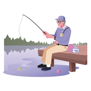 An elderly person is sitting on the edge of a wooden dock, casting a fishing line into a calm lake. The person has gray hair, wearing glasses, and is dressed in comfortable outdoor clothing with a light blue shirt and beige cargo shorts. On their head, they are wearing a "Bajaj Allianz Life Insurance" hat. A fishing rod is held in one hand while a small tackle box is placed beside them on the dock. The surface of the lake reflects the clear blue sky and surrounding green trees, and a few gentle ripples are visible where the line touches the water. There are a couple of fishing bobbers floating in the lake nearby.