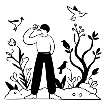 A person standing in a forest, holding a pair of binoculars to their eyes. The person is dressed in outdoor clothing and stands on a patch of grass surrounded by trees. Various birds are perched on branches nearby, with some in mid-flight. The person's posture indicates focus and concentration as they observe the birds. Foliage and leaves fill the background, providing a natural setting. "Birdwatching" is depicted in an artistic font nearby.