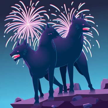 A three-headed Cerberus with sleek black fur and glowing red eyes stands majestically on a rocky outcrop. Each head is focused intently on the sky, showcasing sharp fangs and fierce expressions. The night sky is filled with a dazzling display of fireworks in vibrant colors, illuminating the darkness. Bright bursts of red, blue, and gold create intricate patterns as they explode overhead. Below, the ground is scattered with dry leaves and stones, contrasting with the vivid colors above. The scene captures the intensity of the Cerberus as it watches the spectacle, embodying both awe and vigilance.
