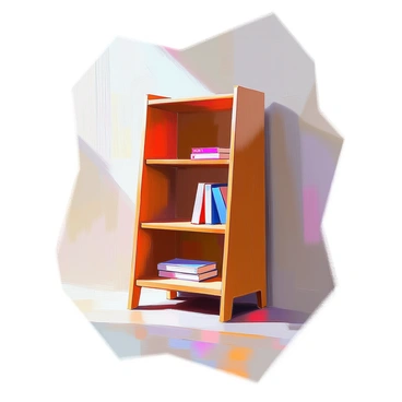A solitary wooden bookshelf stands against a wall, highlighting its rich grain and polished finish. On the shelf, there are only a few books remaining, their spines facing outward. The books vary in size and color, with one being a deep blue hardcover, another a bright red paperback, and a third a thin, worn paperback with faded letters. The surrounding area is minimal, emphasizing the emptiness of the shelf, while soft light casts gentle shadows, accentuating the texture of the wood.