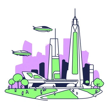 A marque page features a futuristic cityscape filled with towering skyscrapers that stretch high into the sky. The buildings have sleek, geometric shapes and are adorned with green and purple accents. In the foreground, flying cars zip between the skyscrapers, showcasing their aerodynamic designs. Below the skyline, a network of illuminated walkways and parks can be seen, populated with small figures exploring the vibrant urban environment. The entire scene is framed by a subtle green and purple outline, enhancing the modern aesthetic.