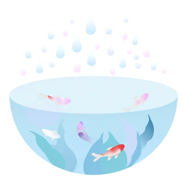 Raindrops are falling onto the surface of a calm pond, causing numerous circular ripples to expand outward. Beneath the water’s surface, a group of koi fish are swimming gracefully, their vibrant colors contrasting with the clear water. The koi are seen moving in harmony, their fins gently waving as they navigate through the underwater plants, adding dynamic movement to the serene scene. The atmosphere is filled with a sense of tranquility and connection between the elements.