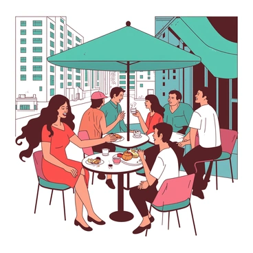 A group of people is sitting at small round tables under large teal umbrellas at a bustling outdoor café in the city. The café is surrounded by tall buildings, creating a vibrant urban atmosphere. Some individuals are engaged in animated conversations while others are enjoying cups of steaming coffee. A woman wearing a bright red dress is laughing, her long hair flowing in the breeze. Nearby, a couple is sharing a plate of pastries, with crumbs scattered on their table. The scene is lively, filled with people and the sounds of the city, adding to the overall energy of the moment.