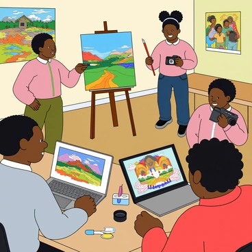 A classroom filled with students engaged in a collaborative art project. One student is standing at an easel, painting a colorful landscape with vibrant strokes using a large brush. Nearby, another student is holding a camera, capturing images of their classmates and the artwork being created. On a nearby table, a laptop displays a digital art piece, showcasing a fusion of various techniques, with bright colors and dynamic shapes. Paint tubes, brushes, and various photography equipment are scattered around the table, emphasizing the creative process. In the background, colorful paintings and photographs hang on the walls, reflecting the diverse artistic expressions of the students.