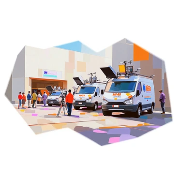 A fleet of press vehicles is lined up outside a large building. Each vehicle is equipped with antennas protruding from their roofs, indicating their broadcast capabilities. The vehicles are emblazoned with various logos of news organizations, showcasing a mix of colors and designs. The scene is set on a paved surface, with the building's entrance visible in the background. Some crew members can be seen preparing equipment near the vehicles, while others are standing in conversation, creating a sense of activity and urgency in the atmosphere.