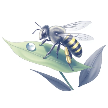 A bee perched on a green leaf. The bee has intricate black and yellow stripes on its body, with delicate wings that catch the light. It is gazing intently at its reflection in a dew drop hanging from the edge of the leaf. The dew drop is crystal clear, perfectly capturing the bee's features and the surrounding leaf texture. The background consists of more leaves, creating a natural, tranquil setting.