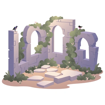 A digital flat illustration depicting crumbled ancient ruins with large stone arches partially covered by green vines. The stone is weathered and displays shades of gray and brown, showcasing the passage of time. Surrounding the ruins, there are patches of lush green foliage and delicate flowers peeking through the cracks in the stone. Sunlight filters through the arches, casting soft shadows on the ground, which is scattered with small stones and bits of moss. A few birds are perched on the archways, adding life to the tranquil scene.