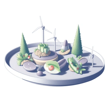 A plate featuring an assortment of food items arranged artistically. The main dish is complemented by miniature trees made from herbs and greens, positioned strategically across the plate. Small wind turbines crafted from edible materials are placed among the garnishes, adding an element of creativity to the presentation. The food items include grains, vegetables, and sauces, all meticulously arranged to create a visually appealing composition.