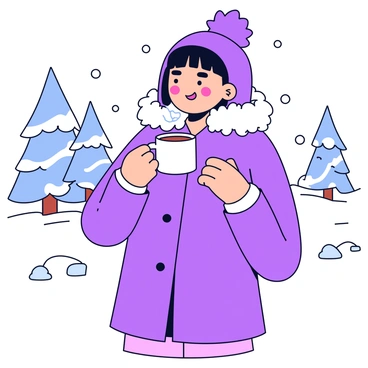 A woman is standing in a snowy landscape, wearing a stylish purple winter coat with a fur-lined hood. Her cheeks are slightly pink from the cold, and she has on matching gloves. In her hands, she holds a white mug filled with hot cocoa, steam rising from the top. Snowflakes are gently falling around her, and the ground is covered with a thick layer of snow. In the background, there are snow-covered trees adding to the winter atmosphere.