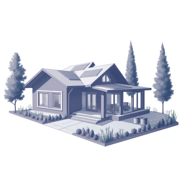 A modern house designed for eco-friendly living. The structure features large windows that allow for natural light and a sloped roof designed for rainwater collection. Surrounding the house, there are various types of greenery, including tall trees, shrubs, and a small garden of native plants. The walkway leading to the entrance is made of natural stone, and there are solar panels installed on the roof. A small compost area is visible near the garden, emphasizing sustainable practices.