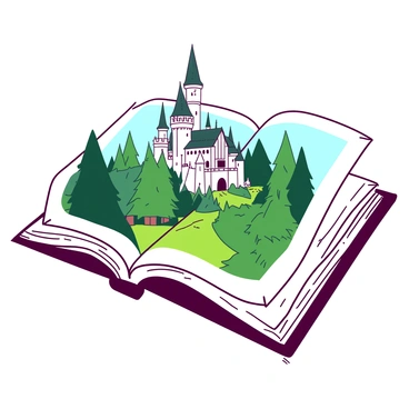 An enchanting fairy tale book open to an illustrated scene of a castle in a forest
