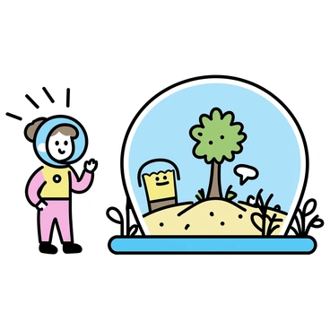 A glass dome with a sandy environment inside, featuring a large, leafy tree in the center. "Sandy Cheeks" stands beside the tree, wearing her signature space suit and helmet. She has a cheerful expression, looking at "SpongeBob," who is visible inside the dome. "SpongeBob" is wearing a bright yellow diving suit, complete with a large helmet that has a clear visor. He is smiling and waving as he explores the sandy surroundings. The background contains various aquatic plants and decorations typical of an underwater setting.
